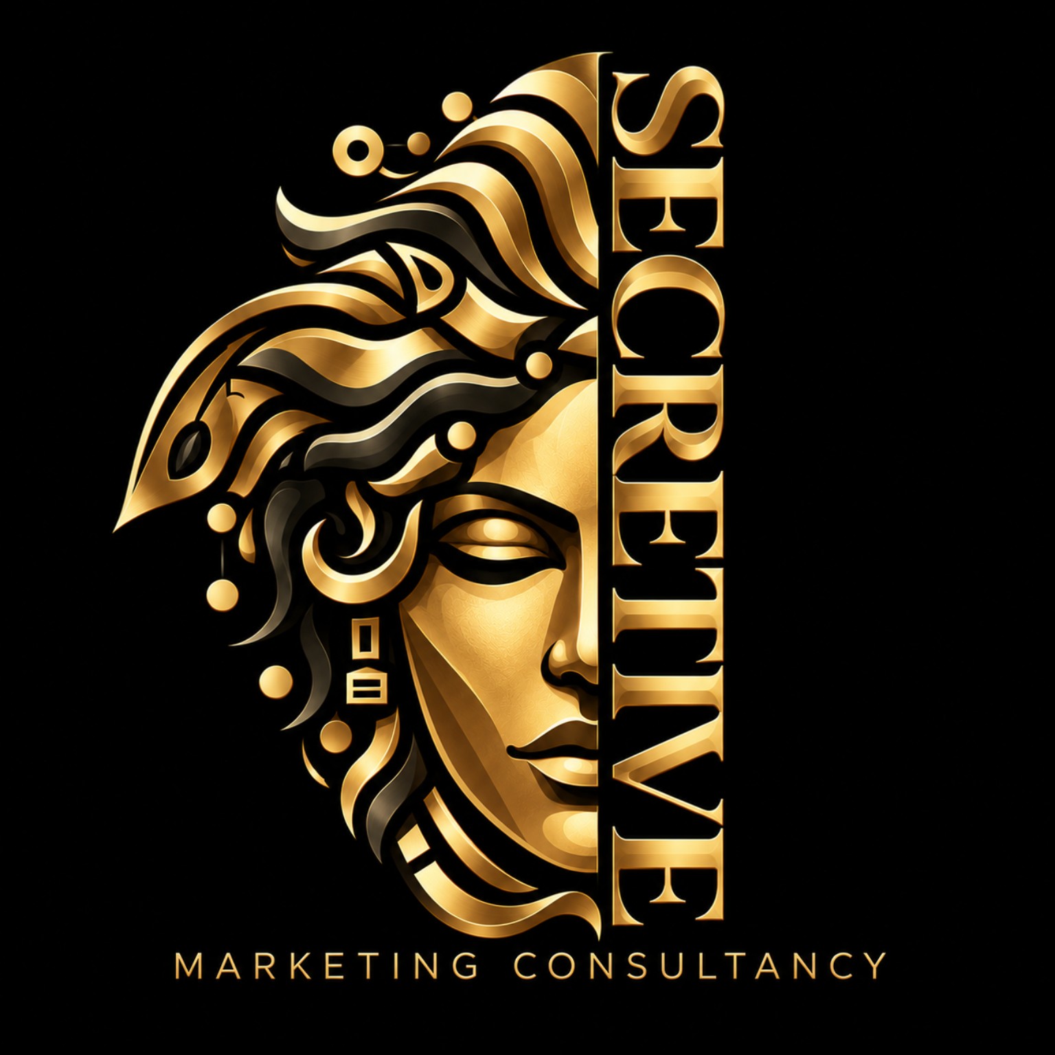 Secretive Marketing Consultancy — golden sculptural face logo